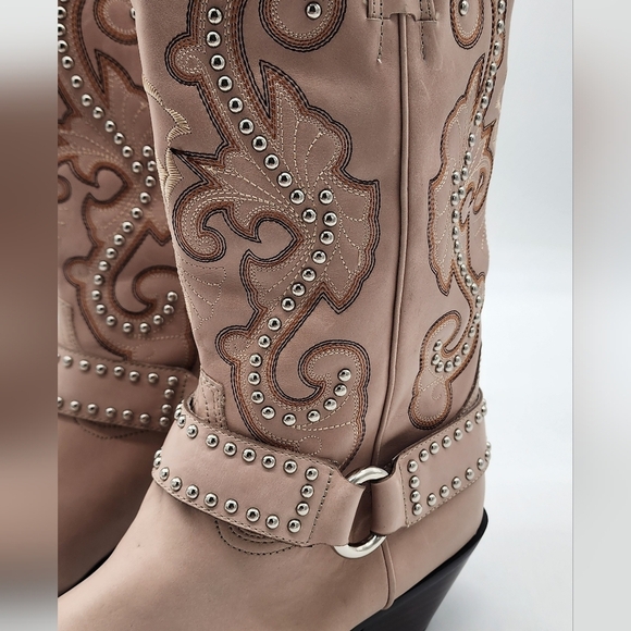 JEFFREY CAMPBELL The Kid Western Studded Beige Block Heel Snip Toe Boot Size 9.5 - Picture 5 of 13